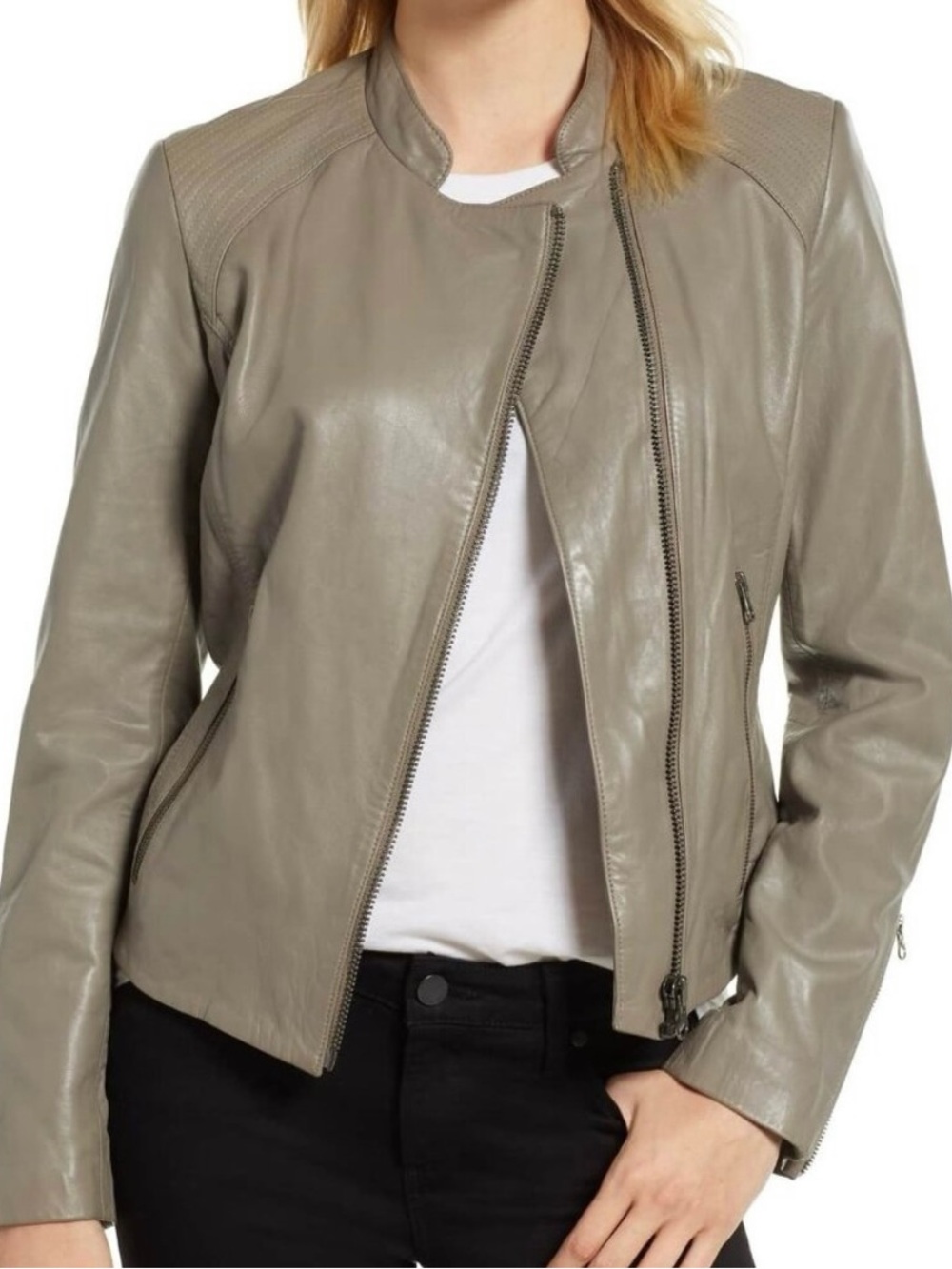 Womens Taupe Leather Moto Jacket Halogen Medium Petite